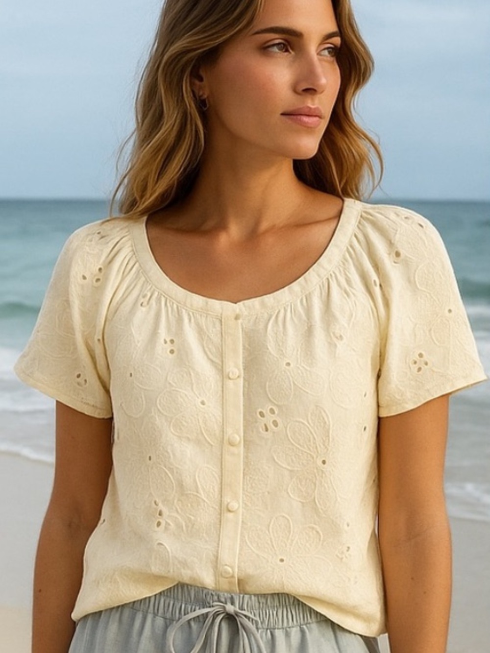 Calypso St Barth Cream Cotton Eyelet Blouse Boho Resort Top EUC Made Jordan M